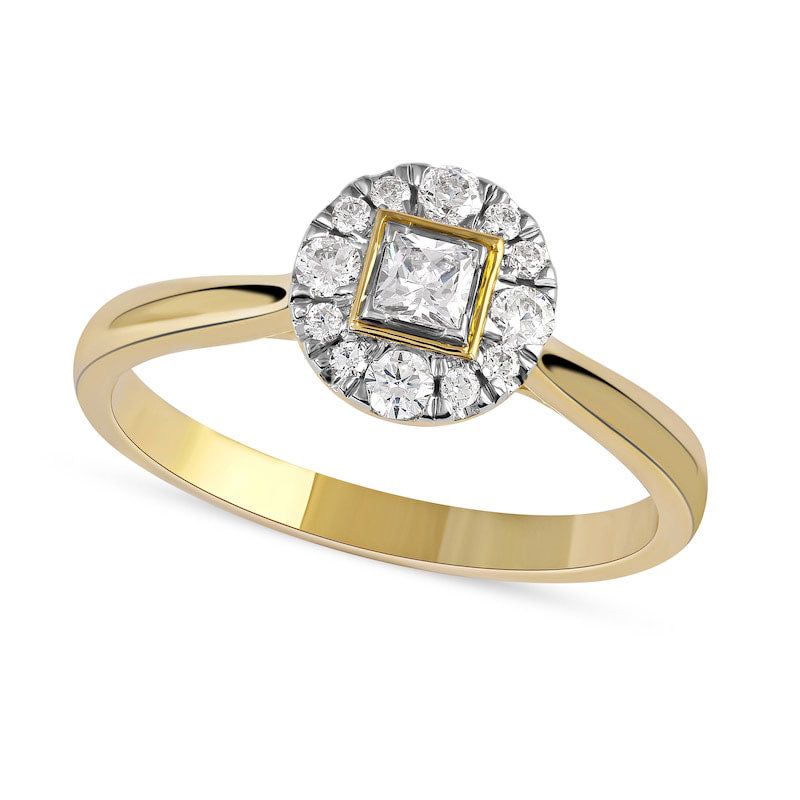 Image of ID 1 033 CT TW Princess-Cut Natural Diamond Round Frame Engagement Ring in Solid 10K Yellow Gold (I/I3)