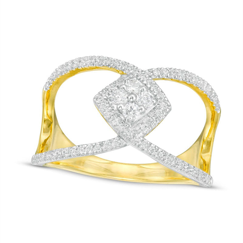 Image of ID 1 033 CT TW Quad Natural Diamond Geometric Open Crossover Ring in Solid 10K Yellow Gold