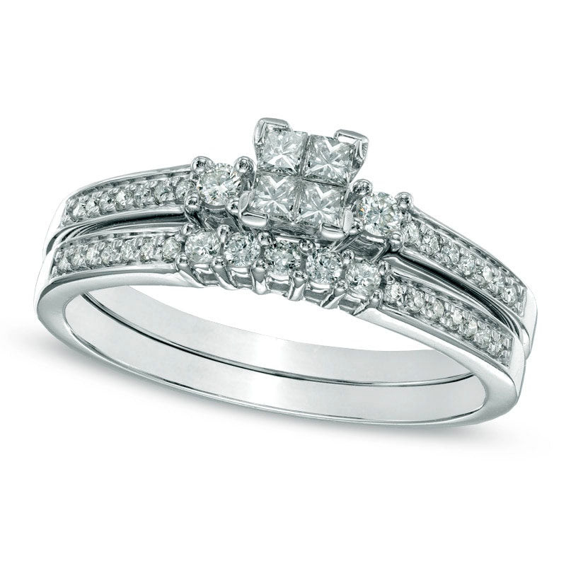 Image of ID 1 033 CT TW Quad Princess-Cut Natural Diamond Three Stone Bridal Engagement Ring Set in Solid 10K White Gold