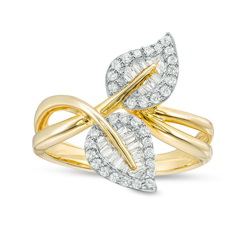 Image of ID 1 038 CT TW Baguette and Round Natural Diamond Bypass Double Leaf Ring in Solid 10K Yellow Gold