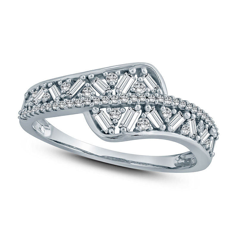 Image of ID 1 038 CT TW Baguette and Round Natural Diamond Bypass Ring in Solid 10K White Gold