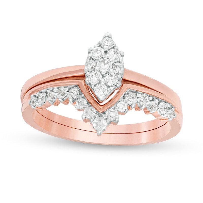 Image of ID 1 038 CT TW Composite Marquise Natural Diamond V Bridal Engagement Ring Set in Solid 10K Rose Gold