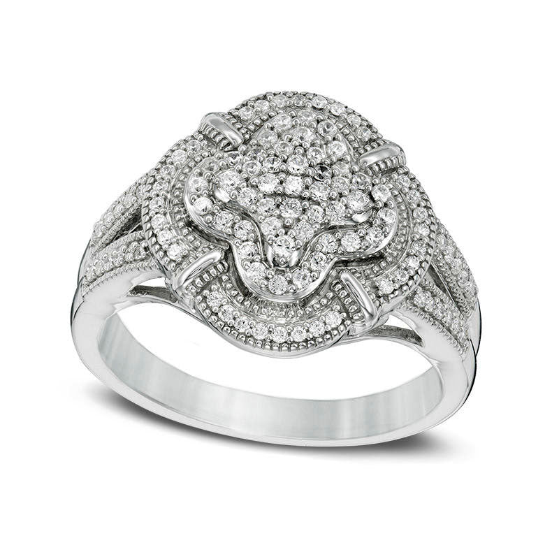 Image of ID 1 038 CT TW Composite Natural Diamond Clover Frame Antique Vintage-Style Ring in Sterling Silver
