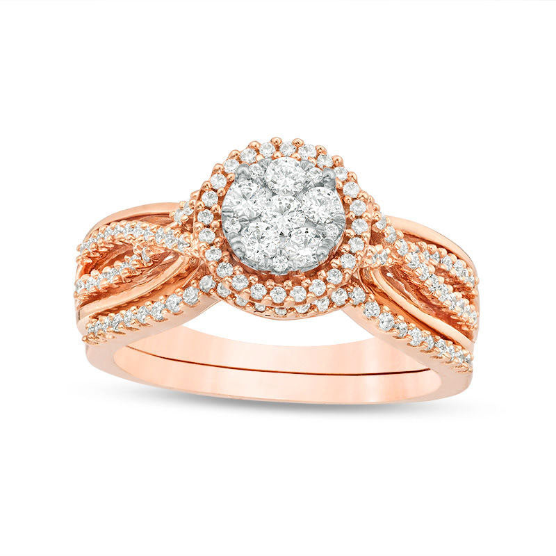 Image of ID 1 038 CT TW Composite Natural Diamond Crossover Shank Bridal Engagement Ring Set in Solid 10K Rose Gold