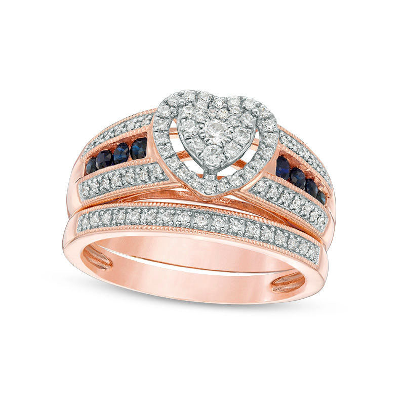 Image of ID 1 038 CT TW Composite Natural Diamond and Blue Sapphire Heart Frame Multi-Row Antique Vintage-Style Bridal Engagement Ring Set in Solid 10K Rose Gold