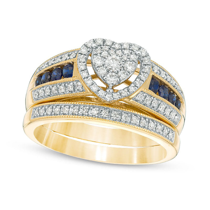 Image of ID 1 038 CT TW Composite Natural Diamond and Blue Sapphire Heart Frame Multi-Row Antique Vintage-Style Bridal Engagement Ring Set in Solid 10K Yellow Gold