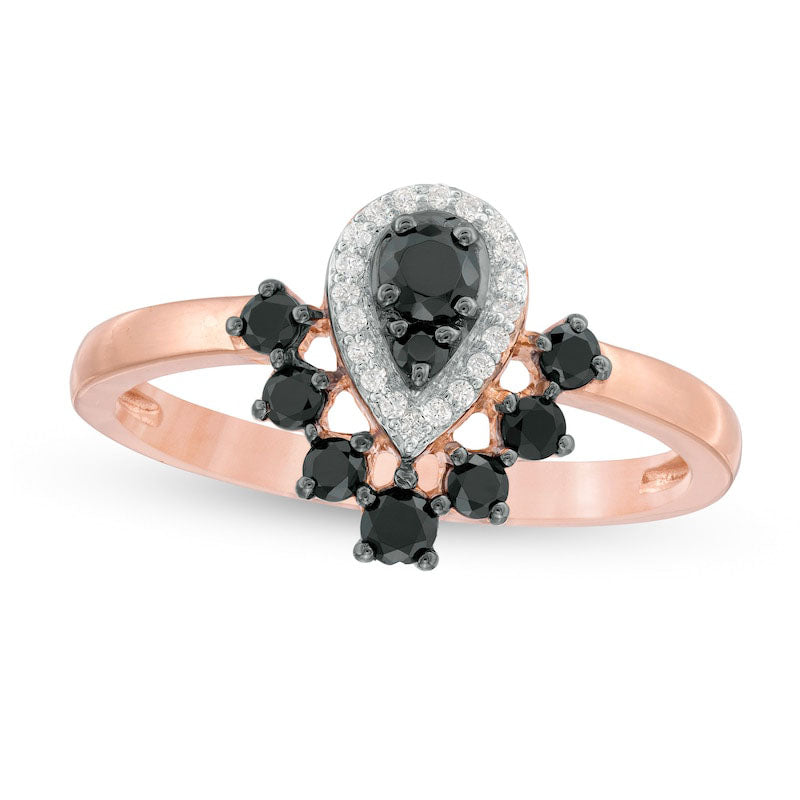 Image of ID 1 038 CT TW Enhanced Black and White Composite Natural Diamond Pear-Shaped Frame Ring in Solid 10K Rose Gold