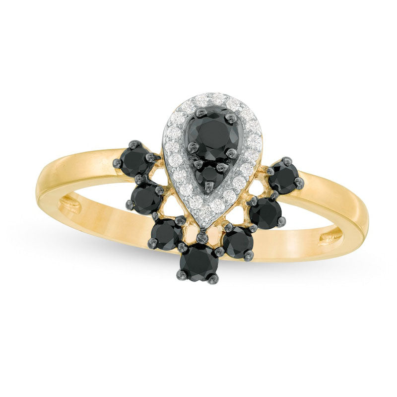 Image of ID 1 038 CT TW Enhanced Black and White Composite Natural Diamond Pear-Shaped Frame Ring in Solid 10K Yellow Gold