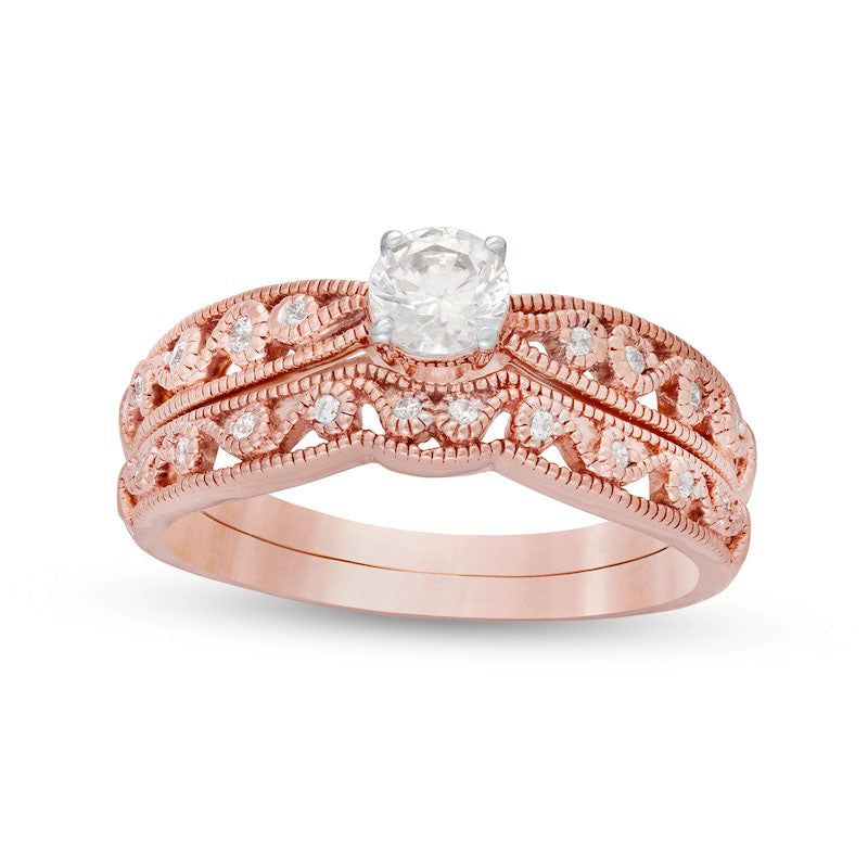 Image of ID 1 038 CT TW Natural Diamond Antique Vintage-Style Filigree Bridal Engagement Ring Set in Solid 10K Rose Gold