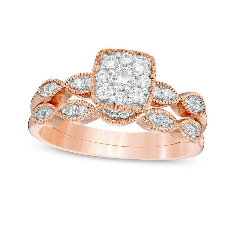Image of ID 1 038 CT TW Natural Diamond Cushion Frame Marquise Twist Antique Vintage-Style Bridal Engagement Ring Set in Solid 10K Rose Gold