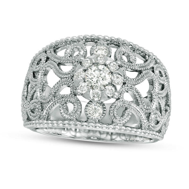 Image of ID 1 038 CT TW Natural Diamond Filigree Antique Vintage-Style Ring in Solid 10K White Gold