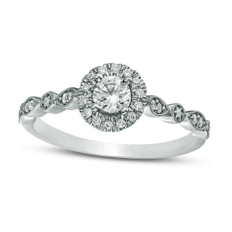 Image of ID 1 038 CT TW Natural Diamond Frame Alternating Shaped Shank Antique Vintage-Style Engagement Ring in Solid 14K White Gold