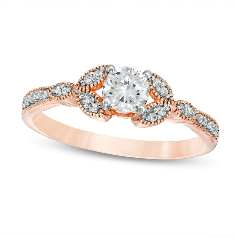 Image of ID 1 038 CT TW Natural Diamond Leaf-Sides Antique Vintage-Style Engagement Ring in Solid 10K Rose Gold