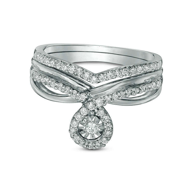 Image of ID 1 038 CT TW Natural Diamond Pear-Shaped Frame Twist Shank Bridal Engagement Ring Set in Sterling Silver