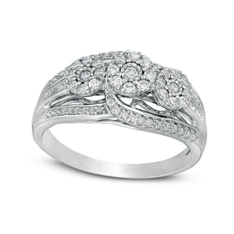 Image of ID 1 038 CT TW Natural Diamond Three Stone Frame Bypass Engagement Ring in Sterling Silver