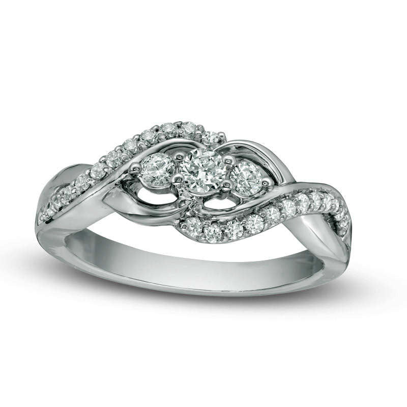 Image of ID 1 038 CT TW Natural Diamond Three Stone Loop Bypass Ring in Solid 10K White Gold