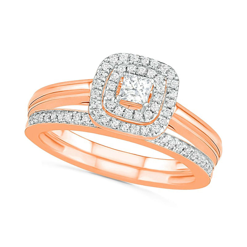 Image of ID 1 038 CT TW Princess-Cut Natural Diamond Double Frame Bridal Engagement Ring Set in Solid 10K Rose Gold