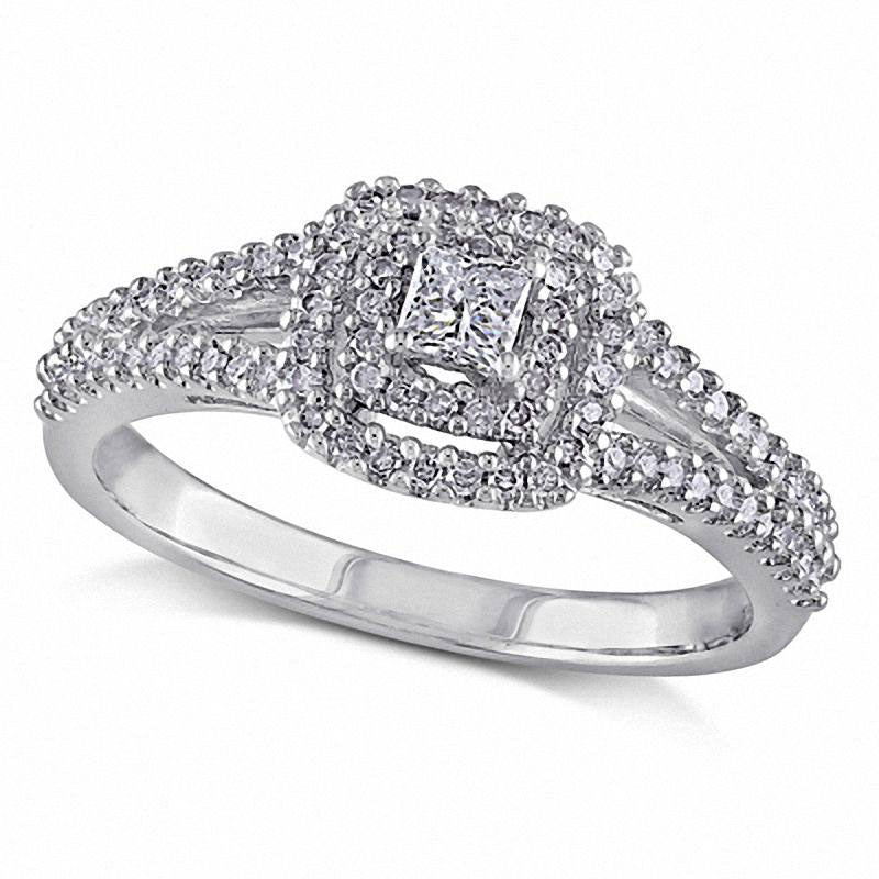 Image of ID 1 038 CT TW Princess-Cut Natural Diamond Double Frame Ring in Sterling Silver