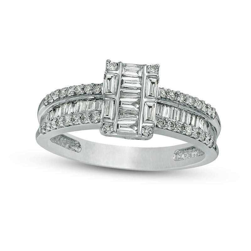 Image of ID 1 050 CT TW Baguette Composite Natural Diamond Multi-Row Engagement Ring in Solid 10K White Gold