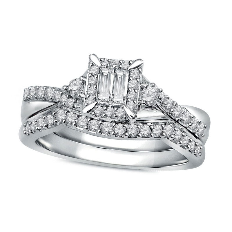 Image of ID 1 050 CT TW Baguette Natural Diamond Rectangle Frame Bridal Engagement Ring Set in Solid 10K White Gold