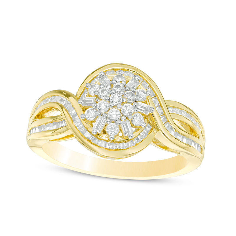 Image of ID 1 050 CT TW Baguette and Round Composite Natural Diamond Bypass Frame Split Shank Ring in Solid 10K Yellow Gold