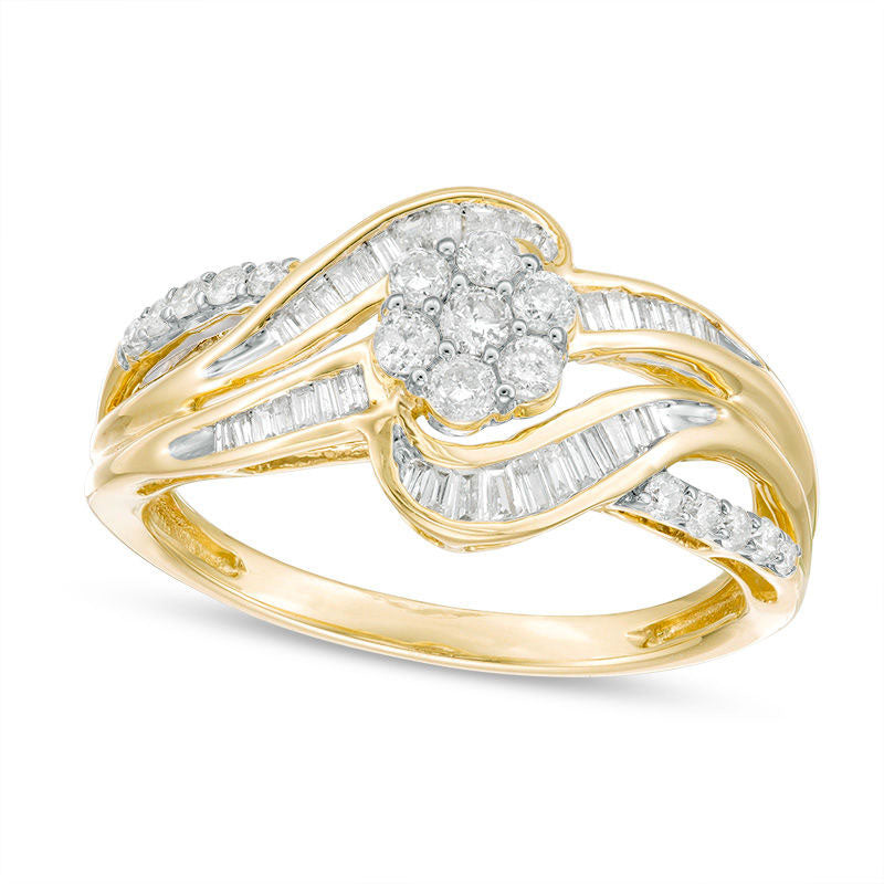 Image of ID 1 050 CT TW Baguette and Round Composite Natural Diamond Bypass Ring in Solid 10K Yellow Gold
