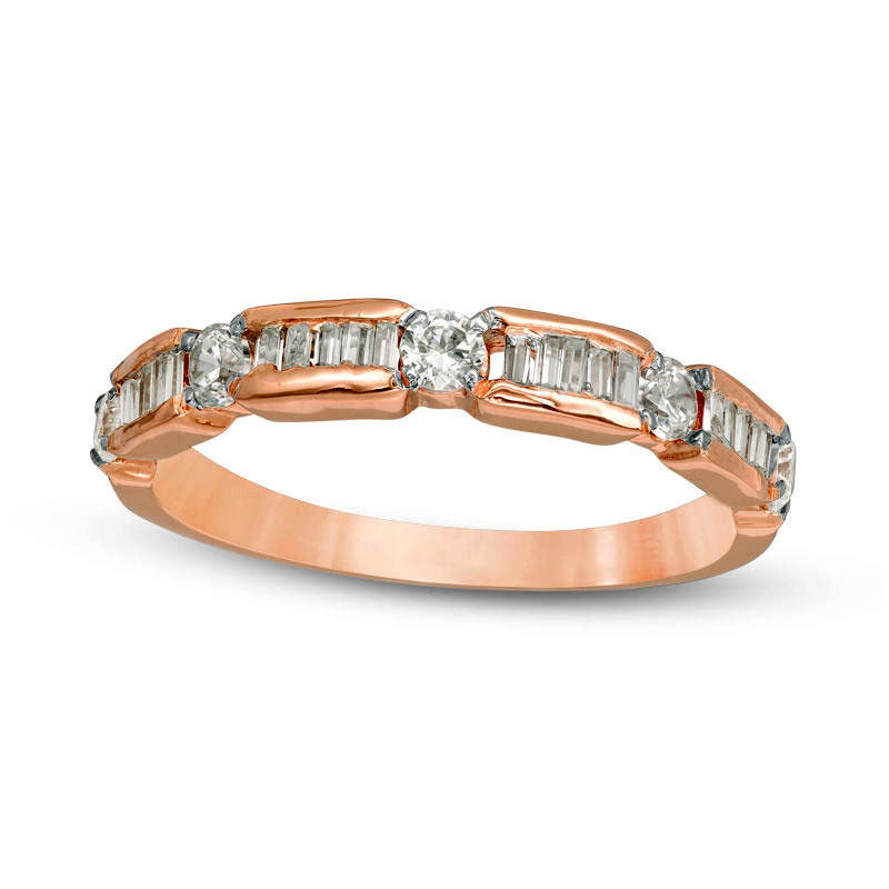 Image of ID 1 050 CT TW Baguette and Round Natural Diamond Alternating Wedding Band in Solid 10K Rose Gold