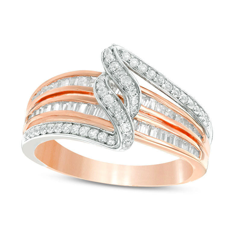 Image of ID 1 050 CT TW Baguette and Round Natural Diamond Bypass Swirl Multi-Row Ring in Solid 10K Two-Tone Gold