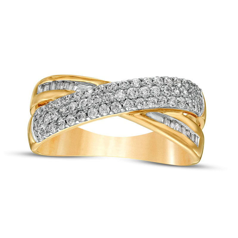 Image of ID 1 050 CT TW Baguette and Round Natural Diamond Crossover Anniversary Band in Solid 10K Yellow Gold