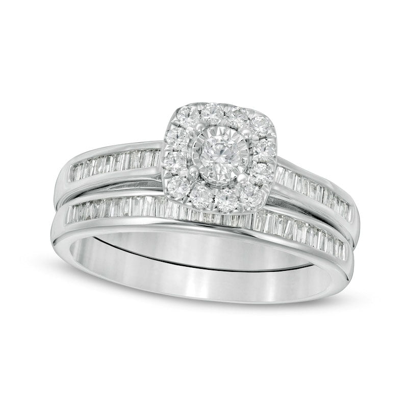 Image of ID 1 050 CT TW Baguette and Round Natural Diamond Cushion Frame Bridal Engagement Ring Set in Solid 10K White Gold