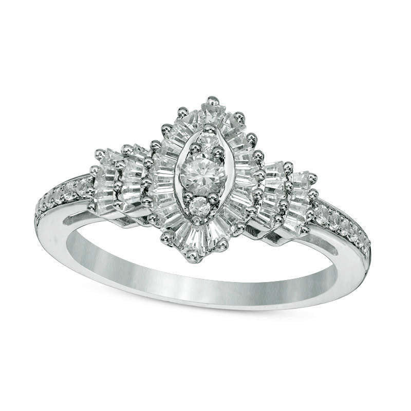 Image of ID 1 050 CT TW Baguette and Round Natural Diamond Marquise Frame Collar Ring in Solid 10K White Gold
