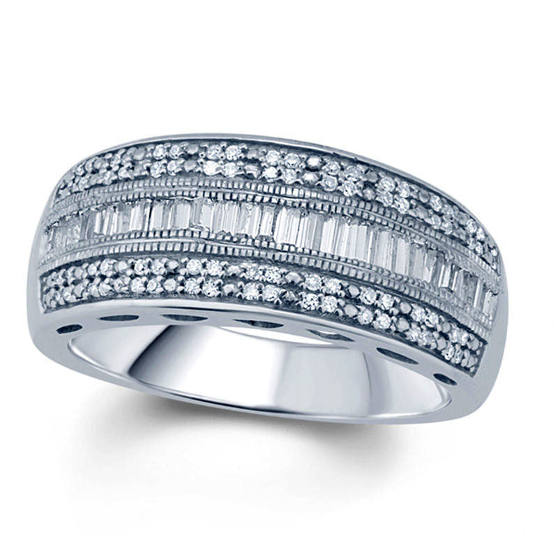 Image of ID 1 050 CT TW Baguette and Round Natural Diamond Multi-Row Antique Vintage Style Band in Sterling Silver