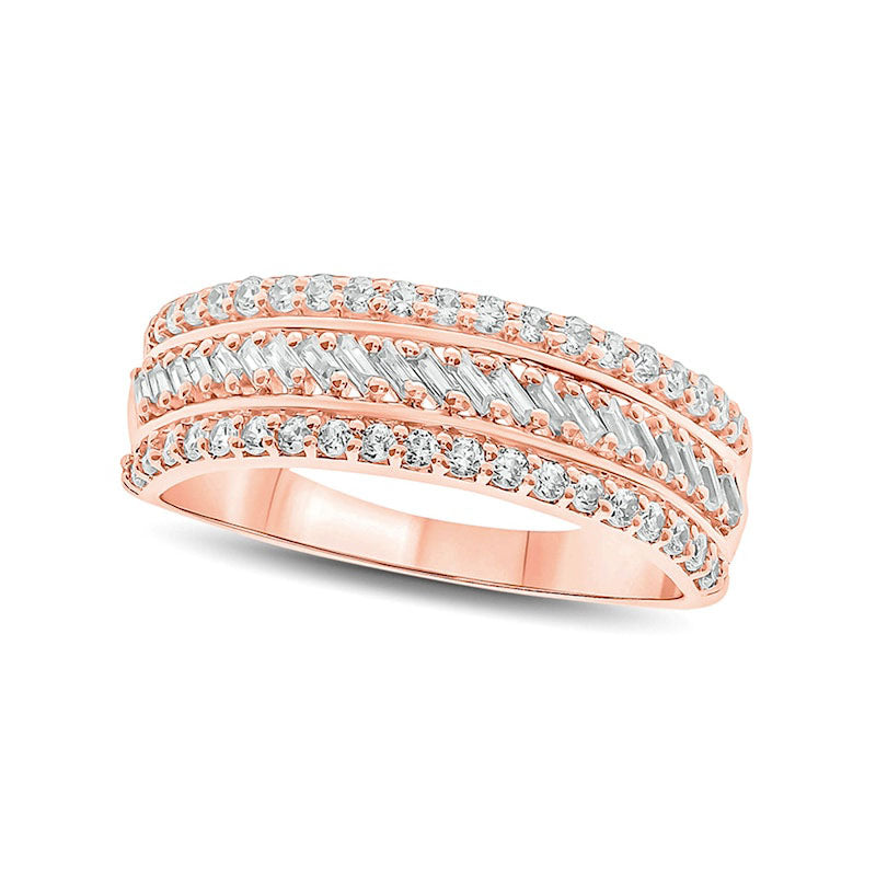 Image of ID 1 050 CT TW Baguette and Round Natural Diamond Slant Stripe Anniversary Band in Solid 10K Rose Gold
