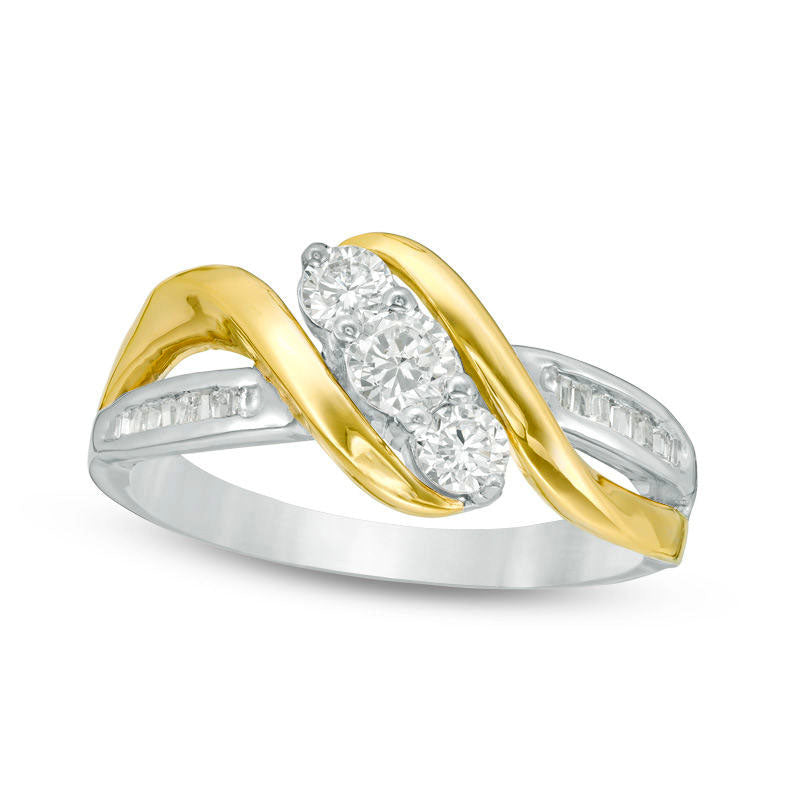 Image of ID 1 050 CT TW Baguette and Round Natural Diamond Three Stone Bypass Ring in Solid 10K Two-Tone Gold