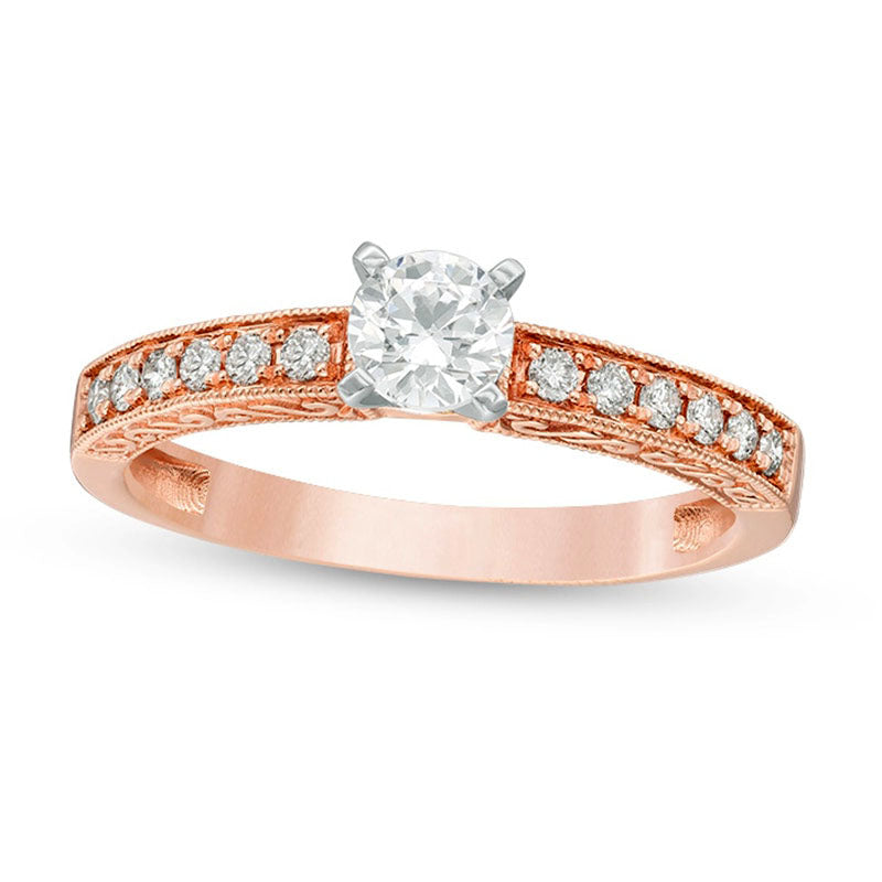 Image of ID 1 050 CT TW Certified Natural Diamond Filigree Antique Vintage-Style Engagement Ring in Solid 14K Rose Gold (I/I1)