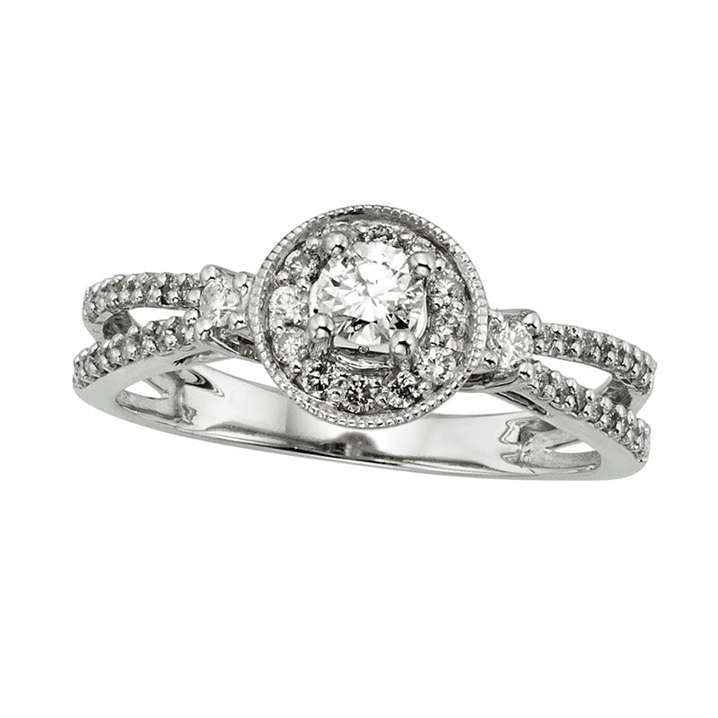 Image of ID 1 050 CT TW Certified Natural Diamond Frame Split Shank Engagement Ring in Solid 10K White Gold (I/I2)