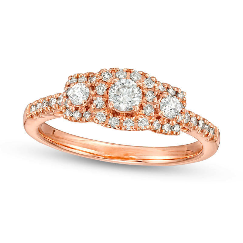 Image of ID 1 050 CT TW Certified Natural Diamond Three Stone Cushion Frame Engagement Ring in Solid 14K Rose Gold (I/I1)