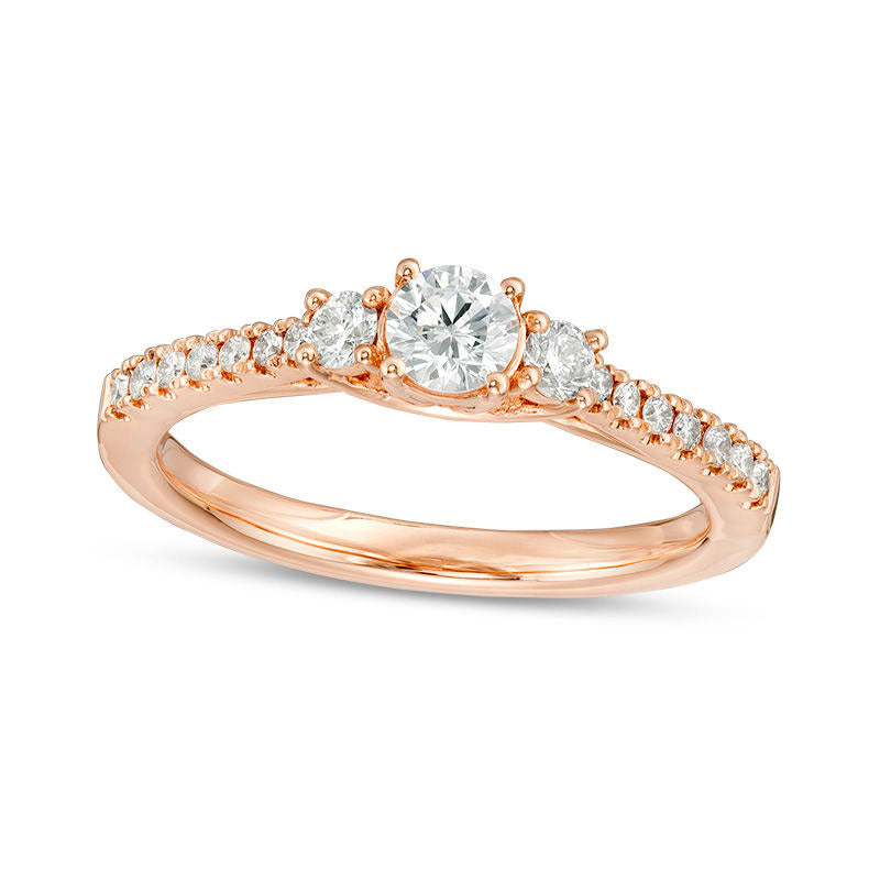 Image of ID 1 050 CT TW Certified Natural Diamond Three Stone Engagement Ring in Solid 14K Rose Gold (I/I1)
