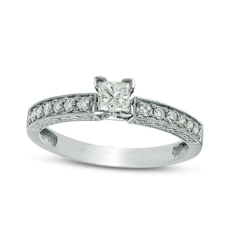 Image of ID 1 050 CT TW Certified Princess-Cut Natural Diamond Filigree Antique Vintage-Style Engagement Ring in Solid 14K White Gold (I/I1)