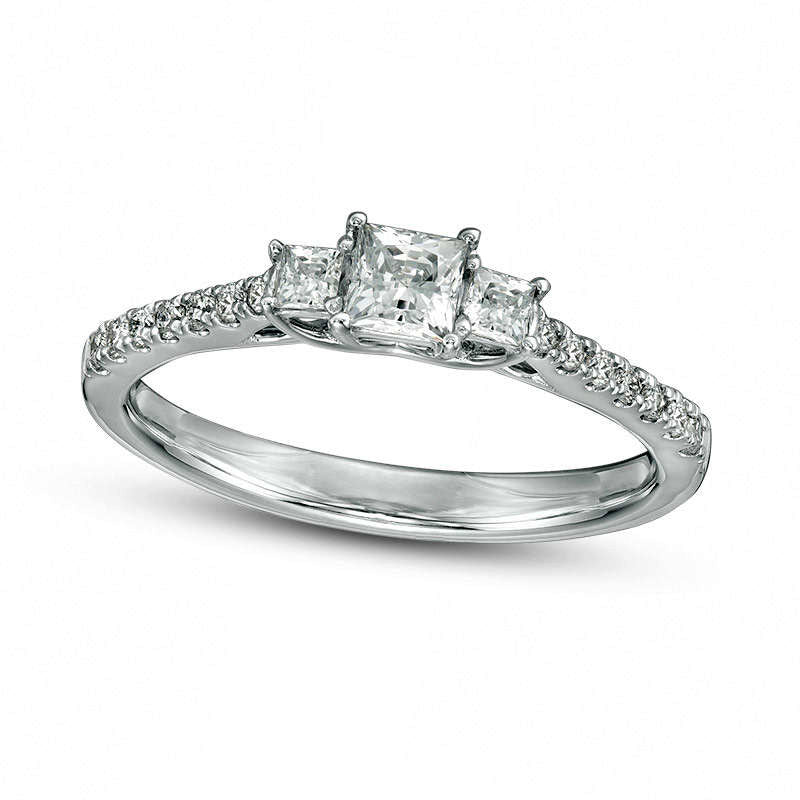 Image of ID 1 050 CT TW Certified Princess-Cut Natural Diamond Three Stone Engagement Ring in Solid 14K White Gold (I/I1)