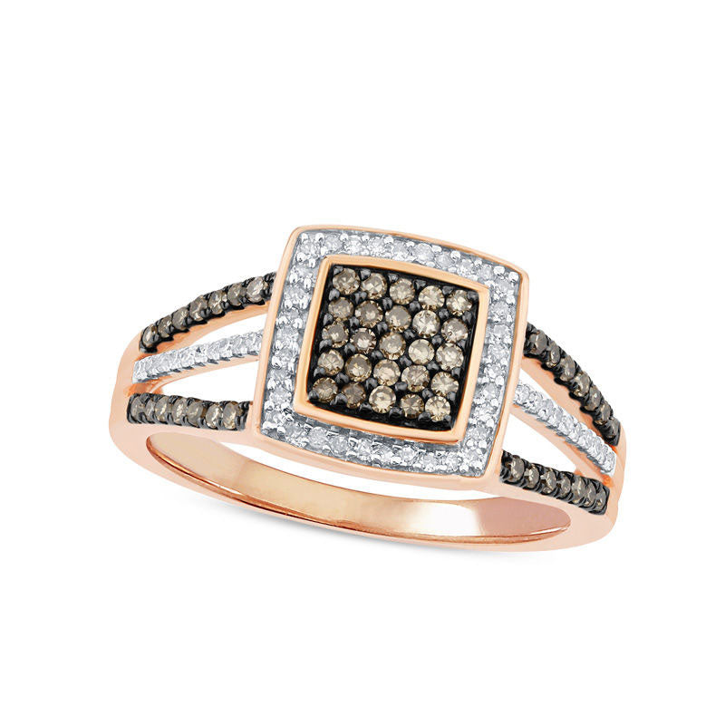 Image of ID 1 050 CT TW Champagne and White Composite Natural Diamond Cushion Frame Split Shank Ring in Solid 10K Rose Gold