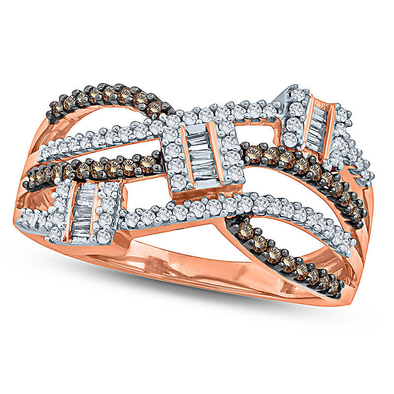 Image of ID 1 050 CT TW Champagne and White Natural Diamond Three Stone Cluster Multi-Row Wave Ring in Solid 10K Rose Gold