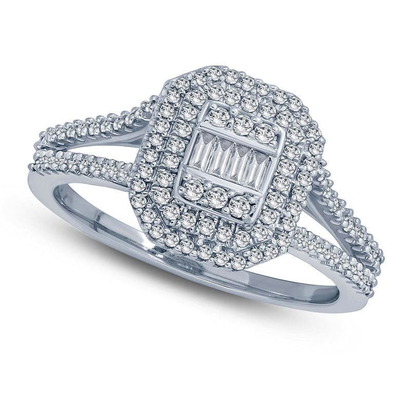 Image of ID 1 050 CT TW Composite Baguette and Round Natural Diamond Octagon Frame Ring in Solid 10K White Gold