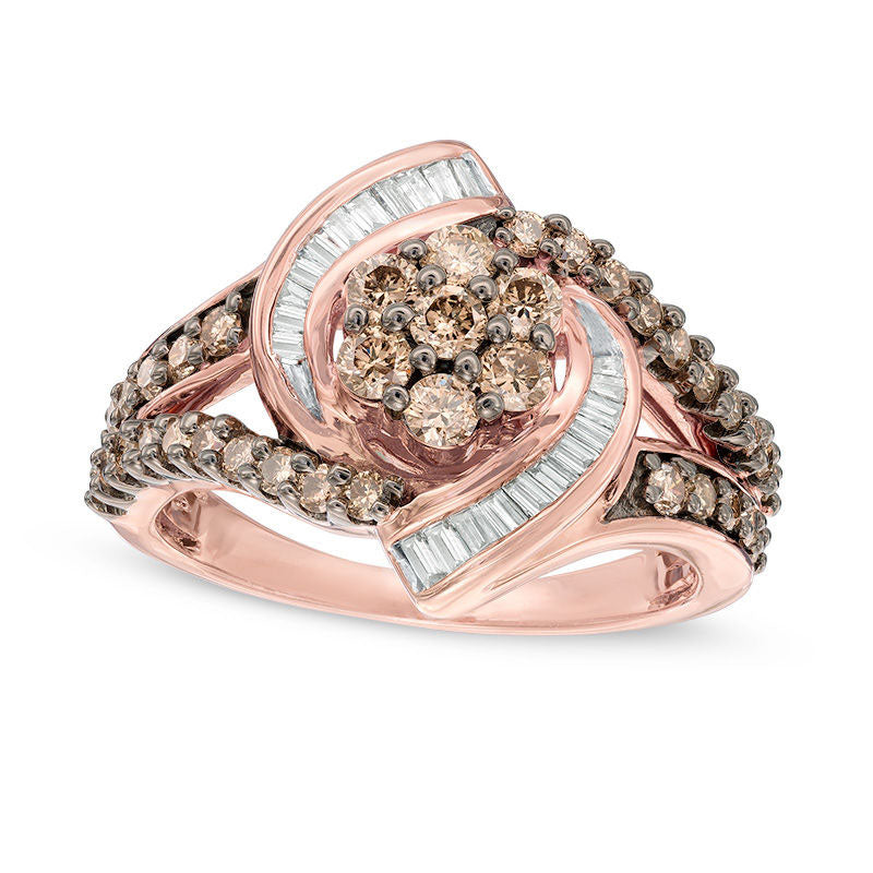 Image of ID 1 050 CT TW Composite Champagne and White Natural Diamond Whirlwind Split Shank Ring in Solid 10K Rose Gold