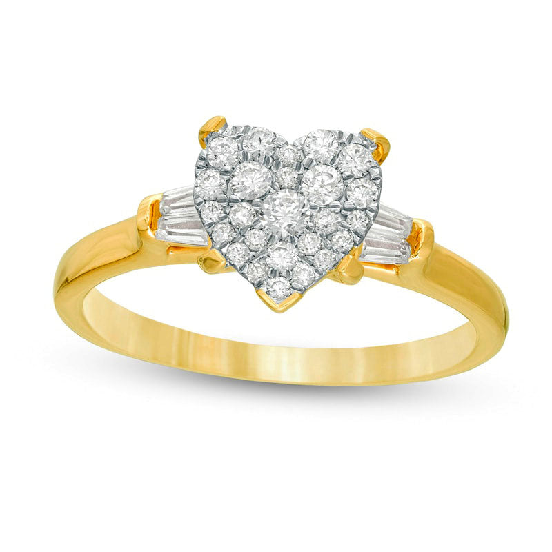 Image of ID 1 050 CT TW Composite Heart-Shaped Natural Diamond with Baguette Sides Engagement Ring in Solid 14K Gold