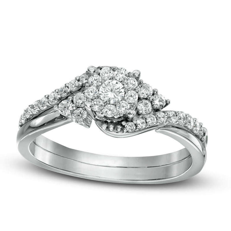 Image of ID 1 050 CT TW Composite Natural Diamond Bypass with Tri-Sides Bridal Engagement Ring Set in Solid 10K White Gold