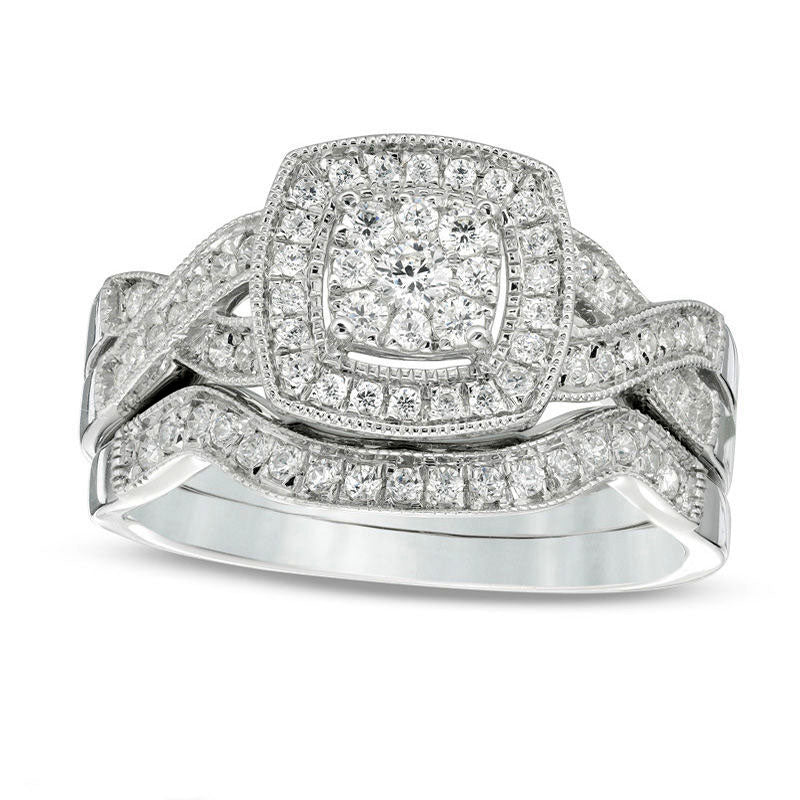 Image of ID 1 050 CT TW Composite Natural Diamond Cushion Frame Twist Antique Vintage-Style Bridal Engagement Ring Set in Solid 10K White Gold