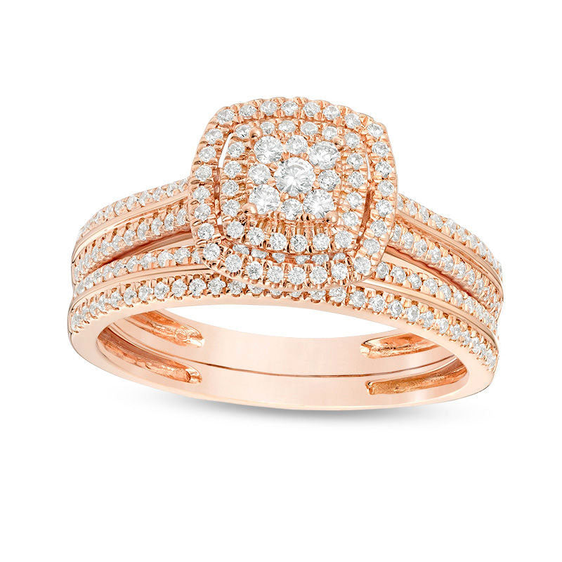 Image of ID 1 050 CT TW Composite Natural Diamond Double Cushion Frame Bridal Engagement Ring Set in Solid 10K Rose Gold