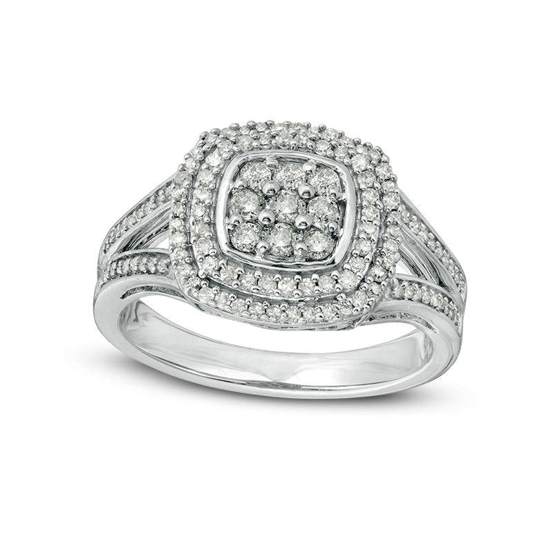 Image of ID 1 050 CT TW Composite Natural Diamond Double Cushion Frame Split Shank Engagement Ring in Sterling Silver