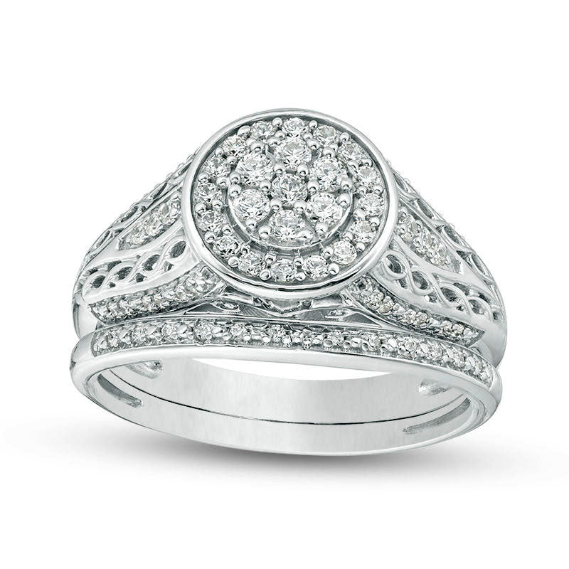 Image of ID 1 050 CT TW Composite Natural Diamond Double Frame Filigree Bridal Engagement Ring Set in Sterling Silver